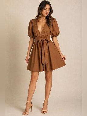 L’Academie Cognac Brown Puff Sleeve Belted Mini Dress Size S